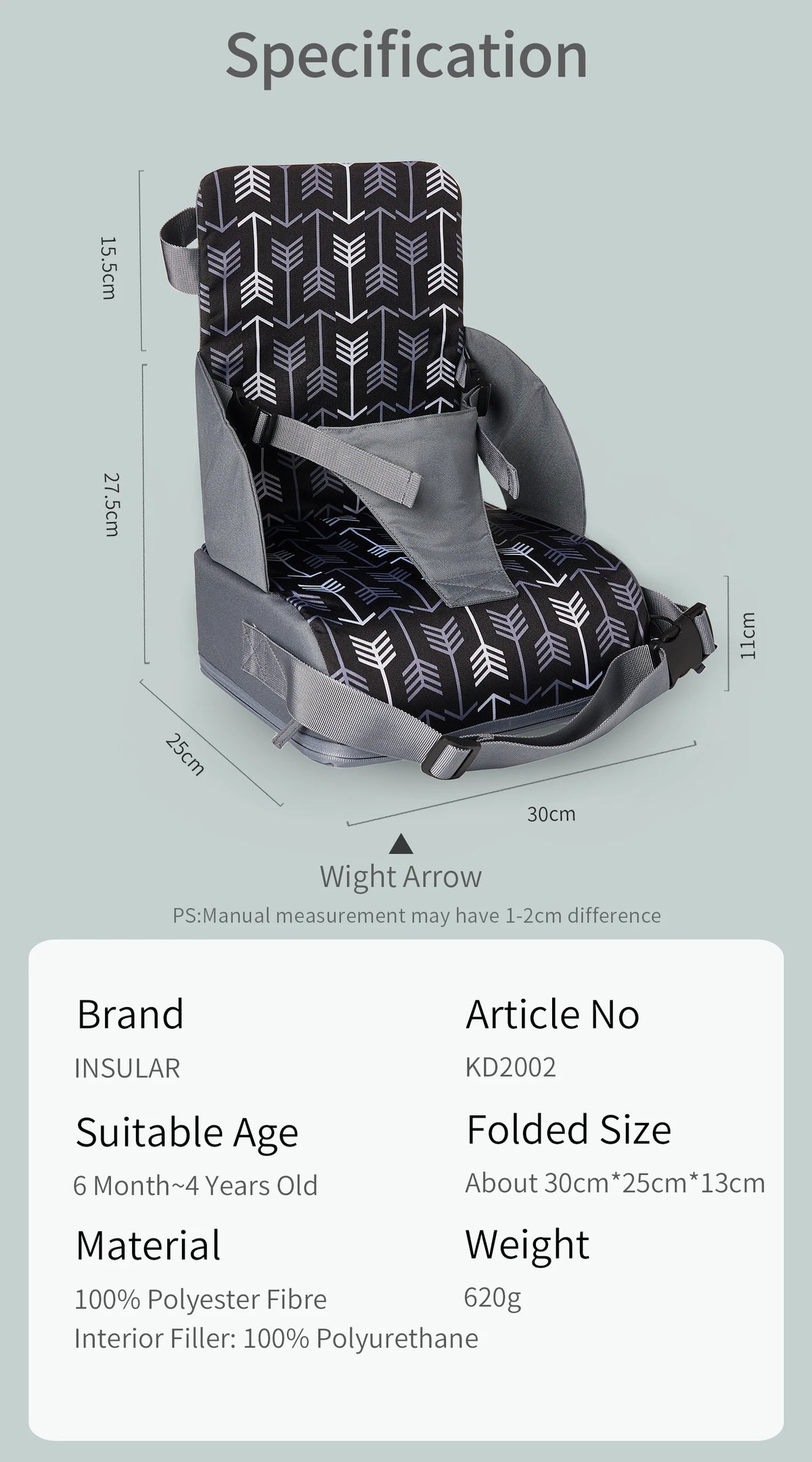 INSULAR Portable Foldable Anti‑Slip Baby Booster Seat Kids Dining Heightening Cushion Toddler Travel Dining Supplies