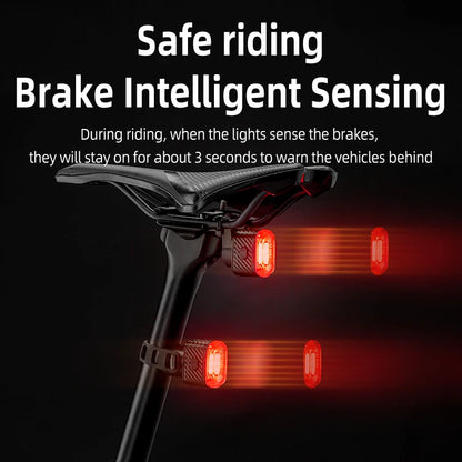 ROCKBROS Smart Bicycle Brake Light IPx6 Taillight Type-C Bike Tail Rear Light Auto Stop LED Riding Warning Safety Cycling Light