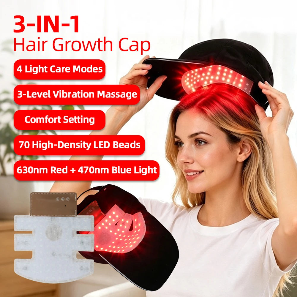 Red Blue Light Hair Growth Cap 470nm 630nm Anti‑Hair Loss Treatment Hat for Thinning Scalp Hairline & Crown Hair Regrowth