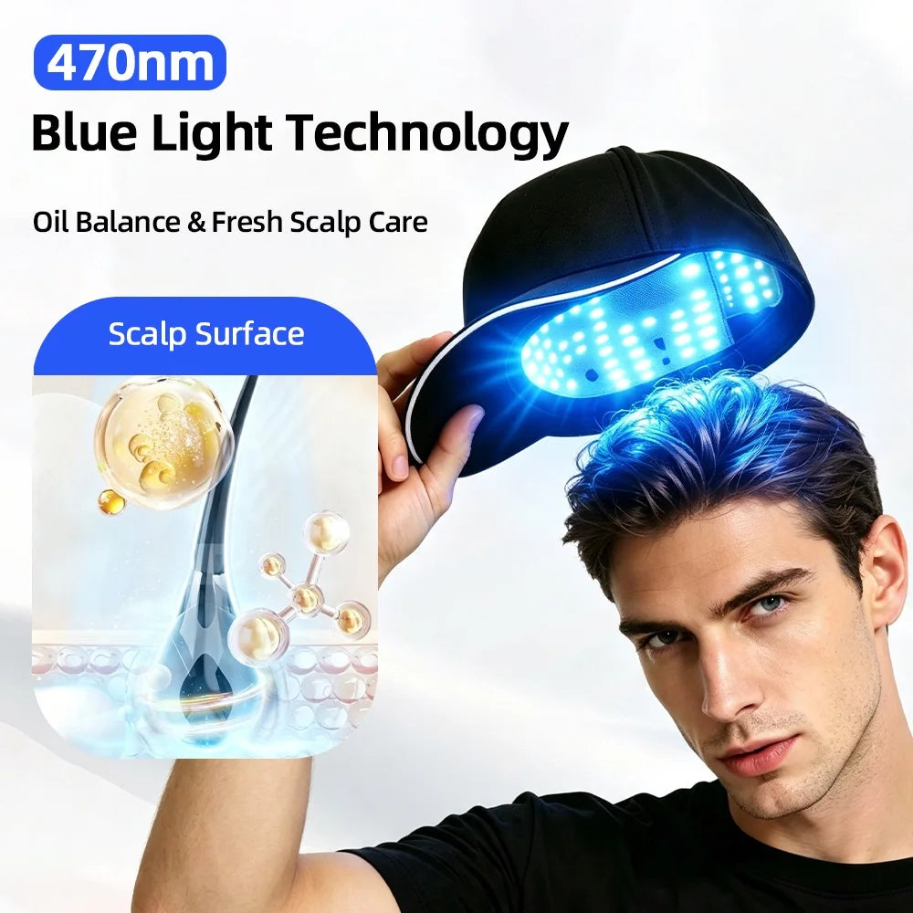 Red Blue Light Hair Growth Cap 470nm 630nm Anti‑Hair Loss Treatment Hat for Thinning Scalp Hairline & Crown Hair Regrowth